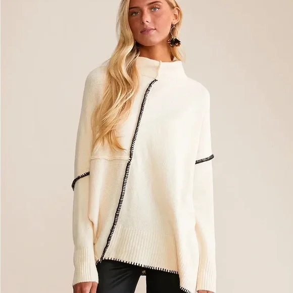 BKE Buckle NWOT Cream Asymmetric Stitch-Trim Sweater large - Picture 2 of 11